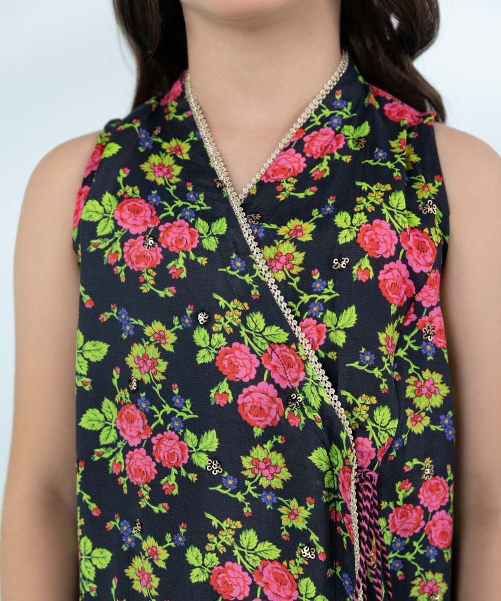 Girls 2 Piece Printed Viscose Raw Silk Suit in Black