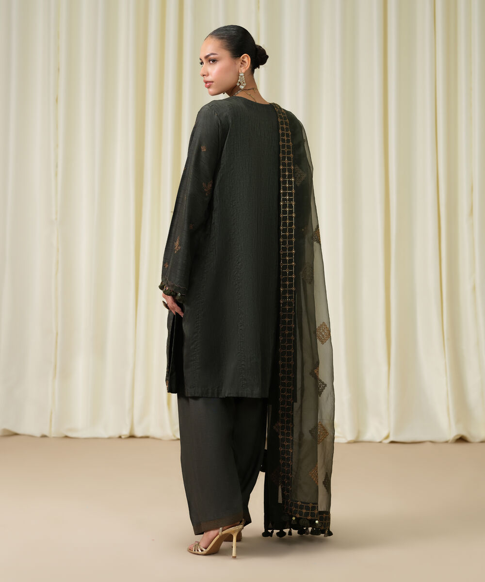 Women's Unstitched Raw Silk Embroidered Green 3 Piece Suit