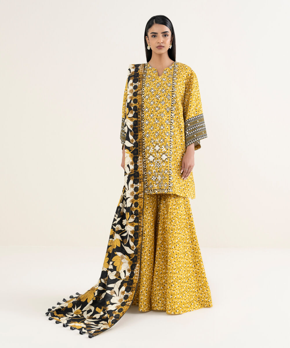Women's Unstitched Embroidered Khaddar Yellow 3 Piece Suit