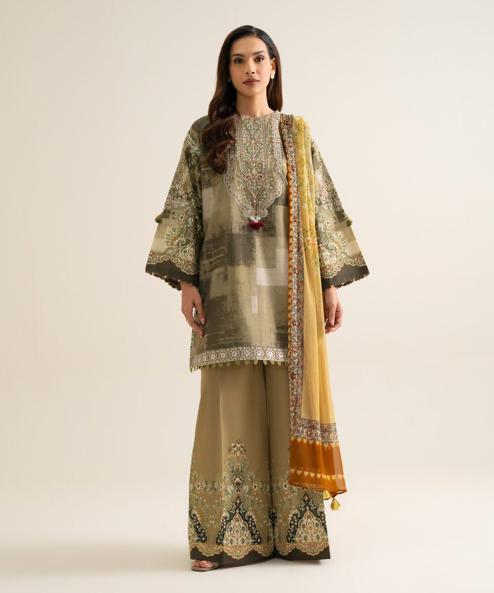 Women's Unstitched Blended Chiffon Printed Green 3 Piece Suit