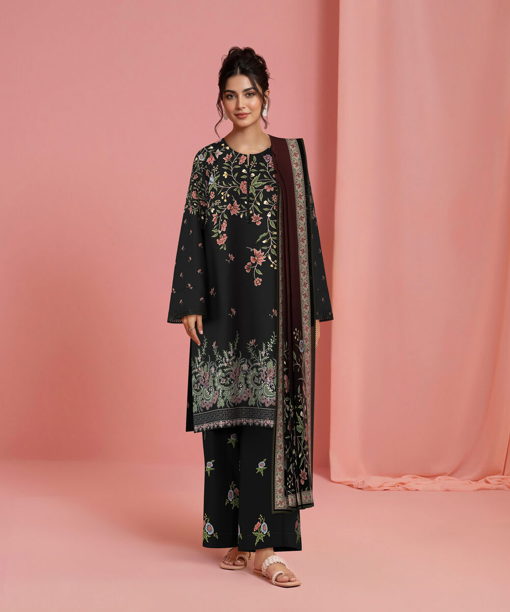 Women's Unstitched Lawn Black Embroidered 3 Piece Suit