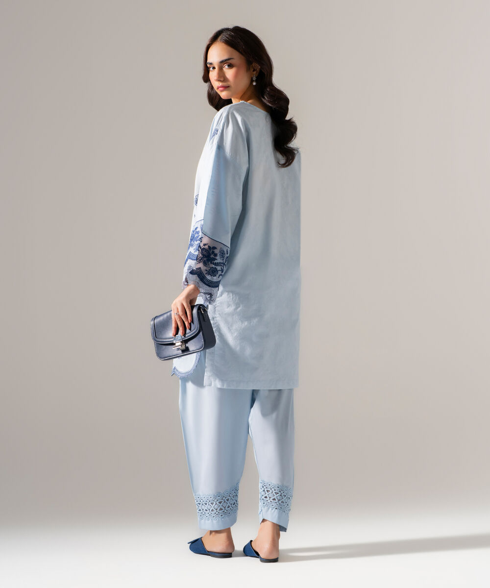 Women's RTW Self Jacquard Solid Embroidered Blue 2 Piece Suit