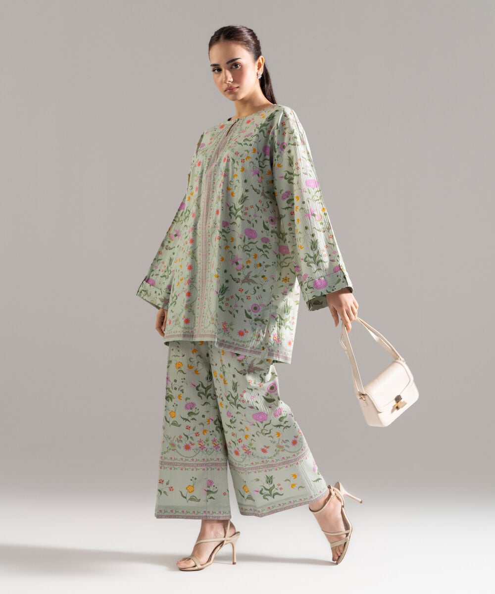 Women's RTW Seersucker Printed Green 2 Piece Suit