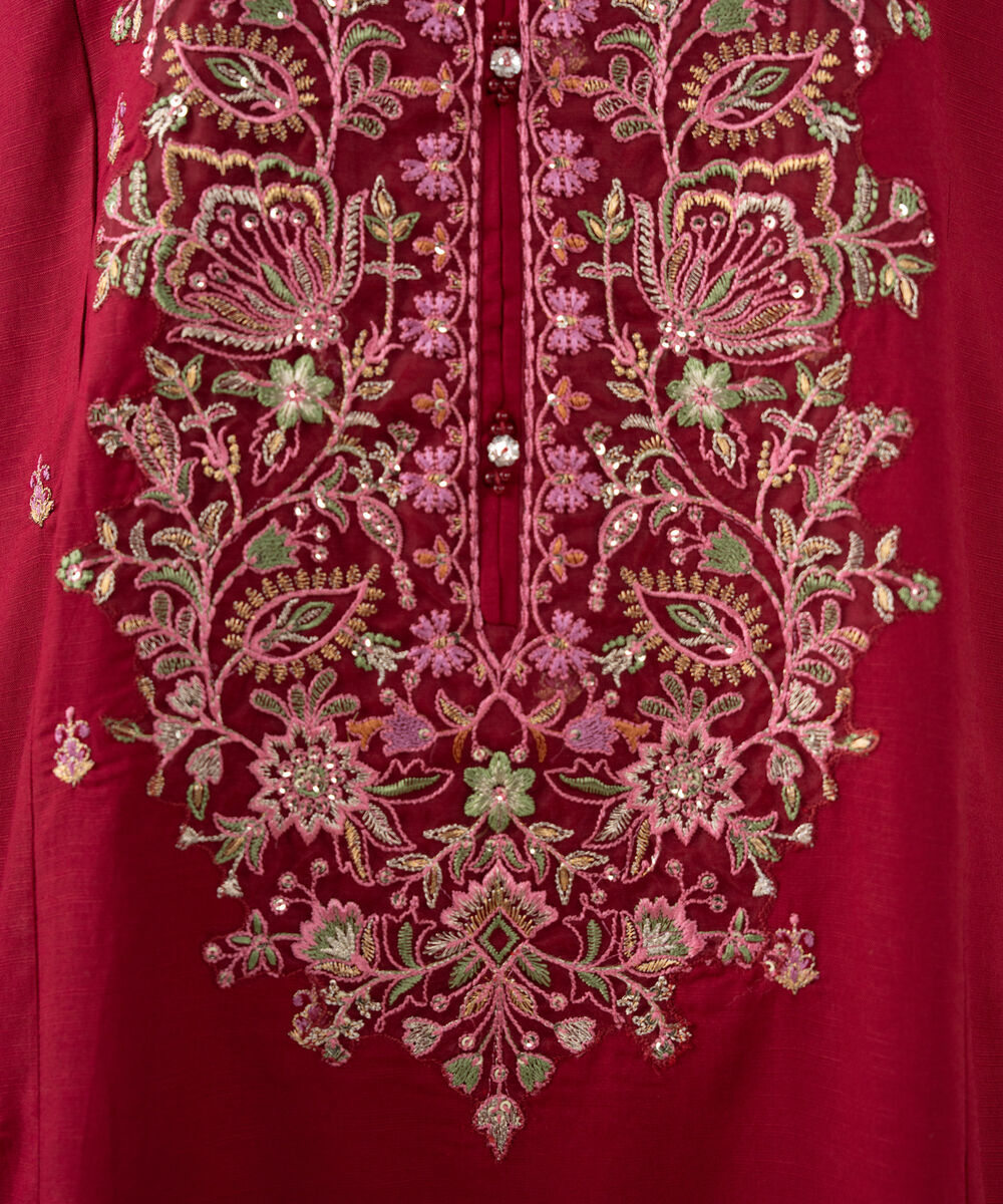 Women's RTW Cotton Viscose Embroidered Red 3 Piece Suit