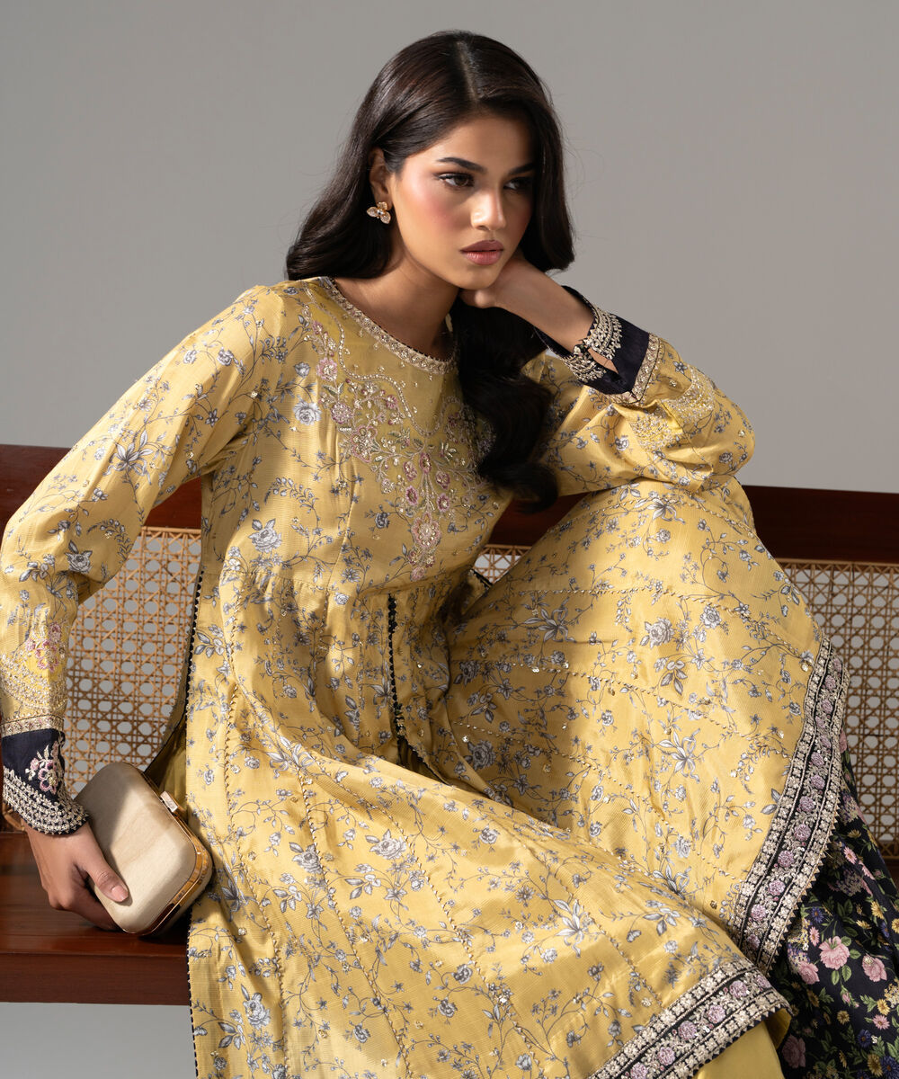Women's RTW Bright Raw Silk Printed Yellow 2 Piece Suit