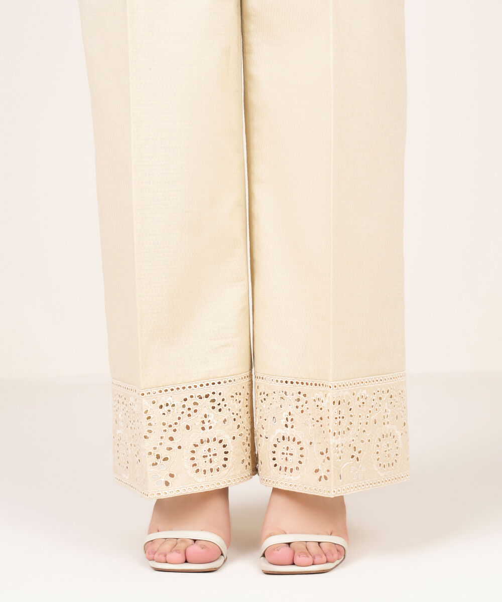 Women's RTW Textured Cotton Embroidered Beige Culottes