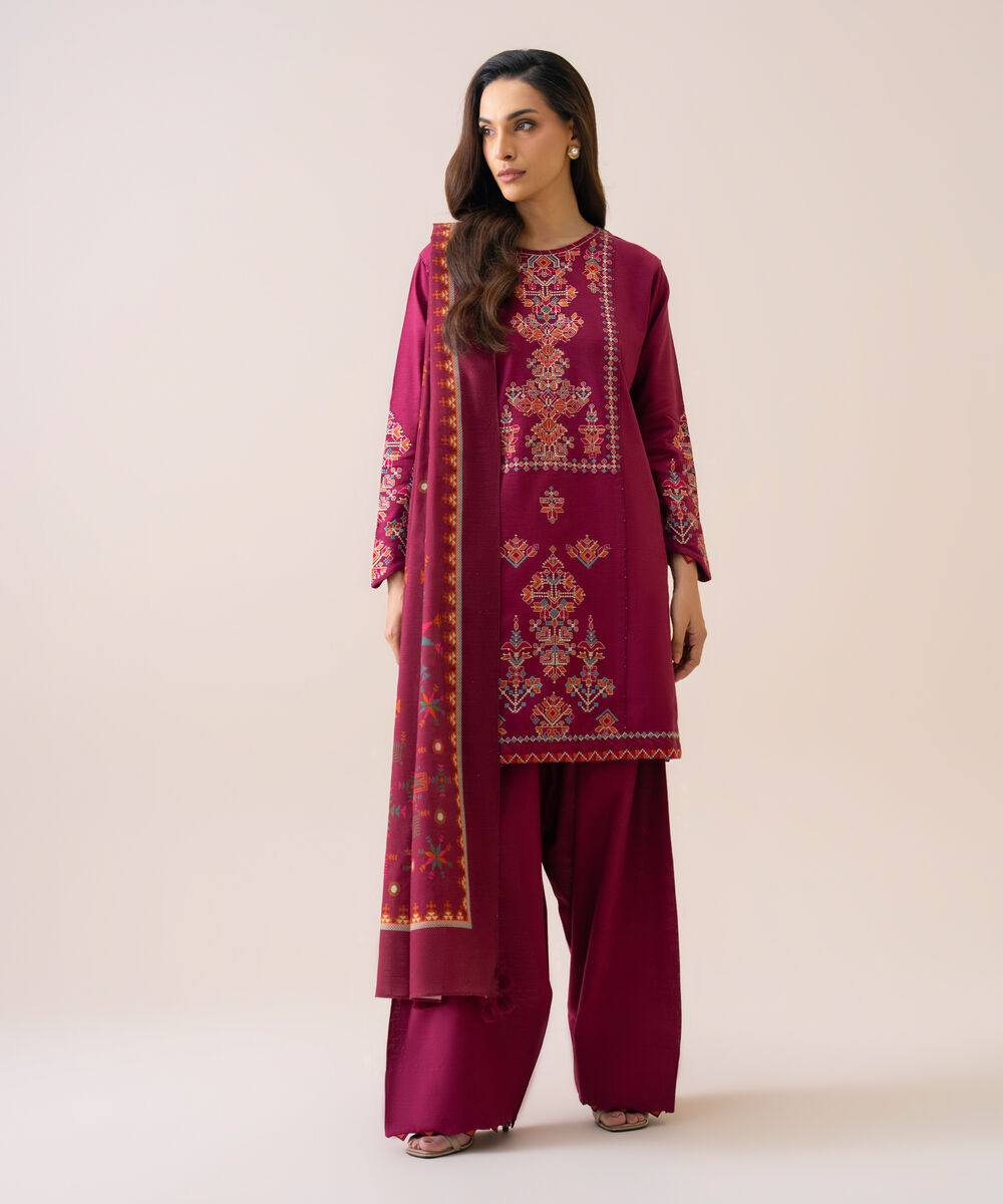 Women's Unstitched Light Khaddar Embroidered Magenta 3 Piece Suit