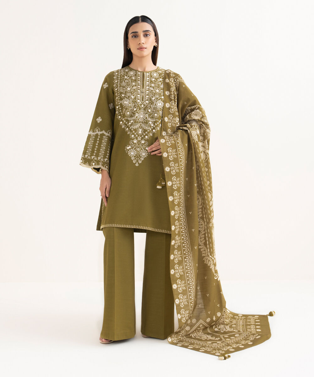 Women's Unstitched Light Khaddar Embroidered Green 3 Piece Suit
