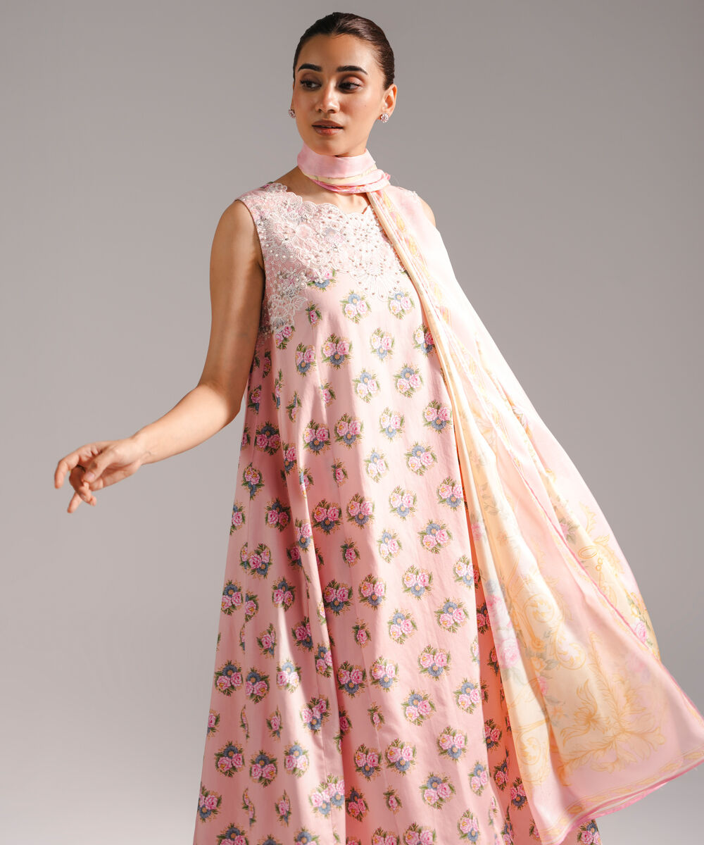 Women's RTW Cotton Satin Embroidered Pink 3 Piece Suit