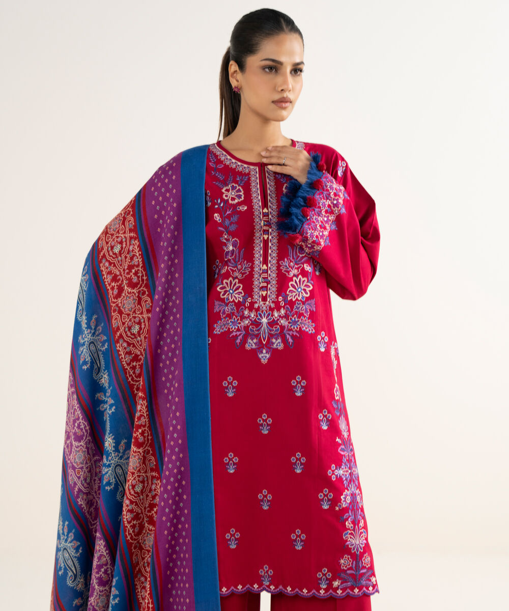 Women's Unstitched Twill Embroidered Red 3 Piece Suit