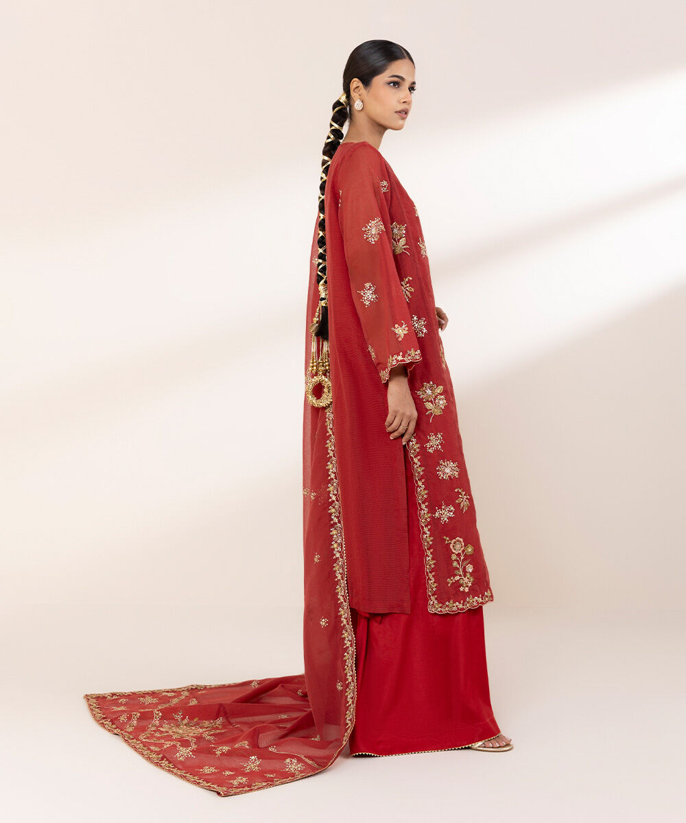 Women's RTW Blended Textured Karandi Red Embroidered Three Piece Suit