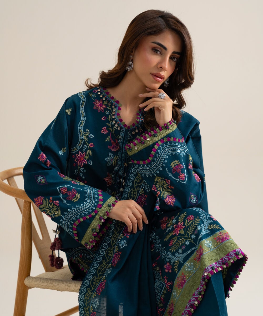 Womens Unstitched Basic Khaddar Embroidered Blue 3 Piece Suit