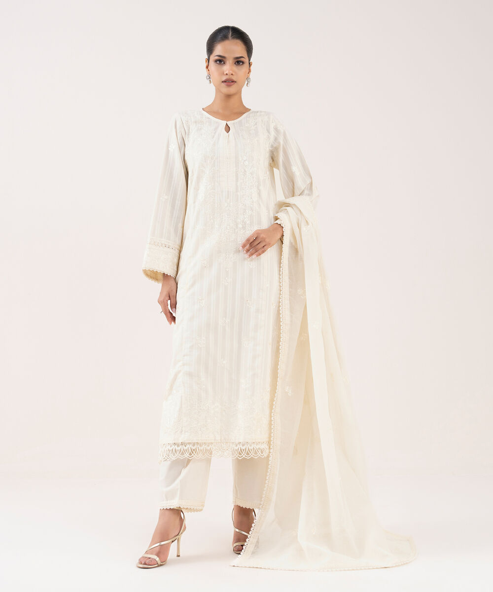 Women's RTW Textured Lawn Off White Embroidered A-Line Shirt
