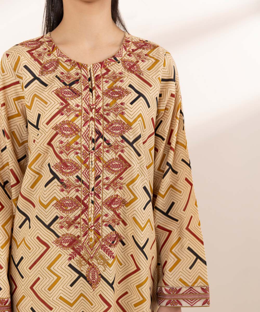 Women's RTW Lawn Beige Embroidered A-Line Shirt