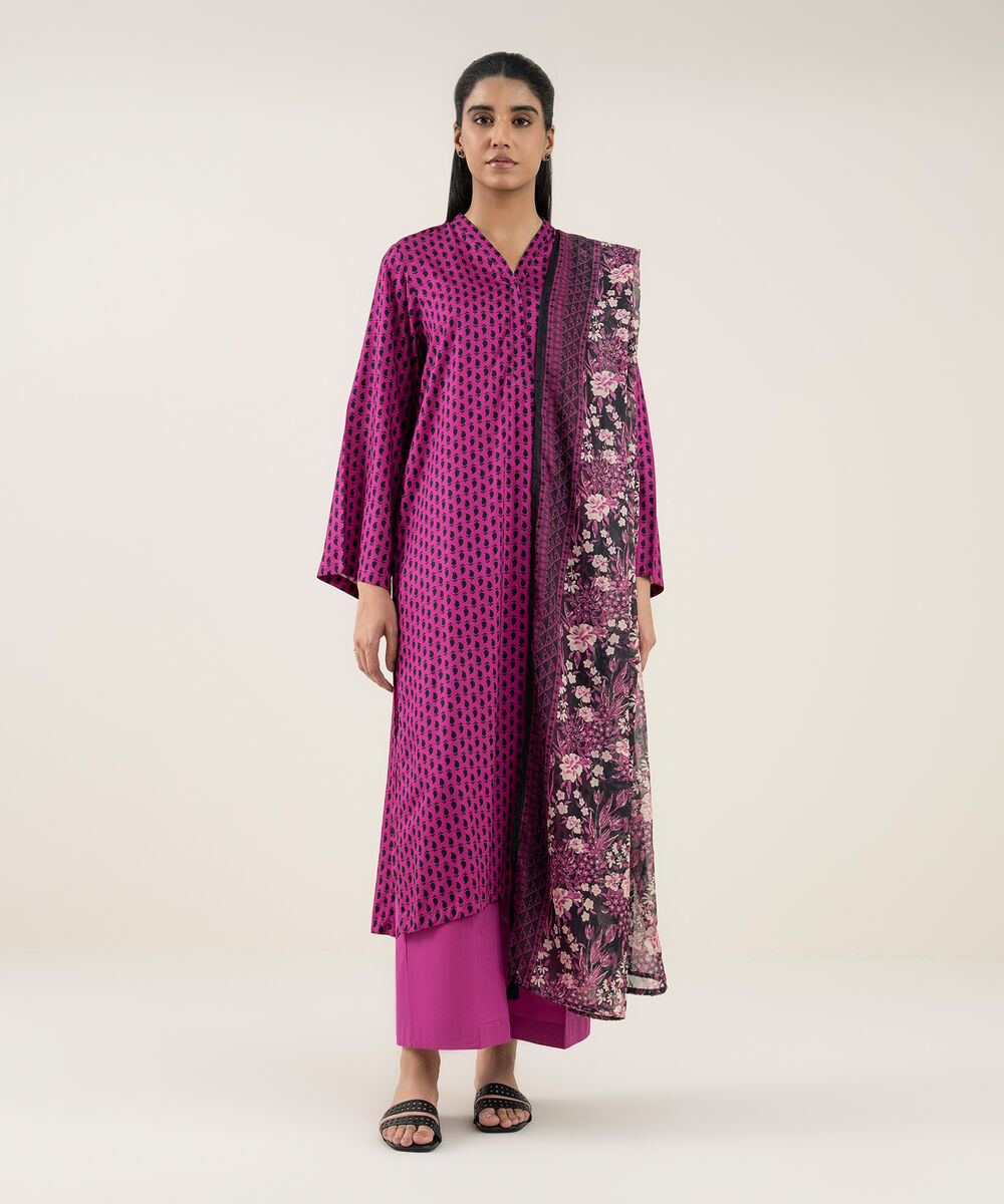 Women's RTW Arabic Lawn Purple Printed Straight Shirt