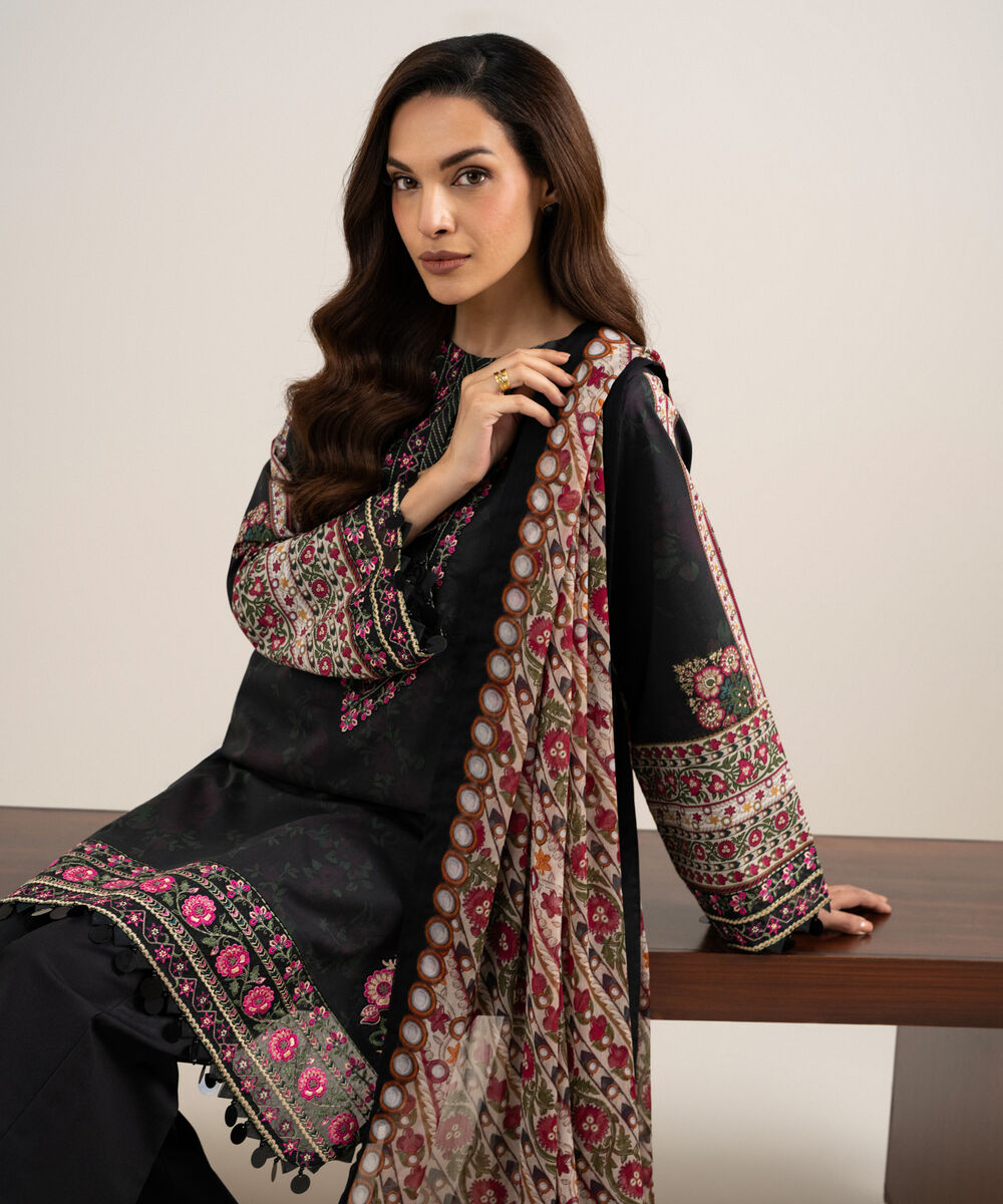 Women's Unstitched Lawn Embroidered Black