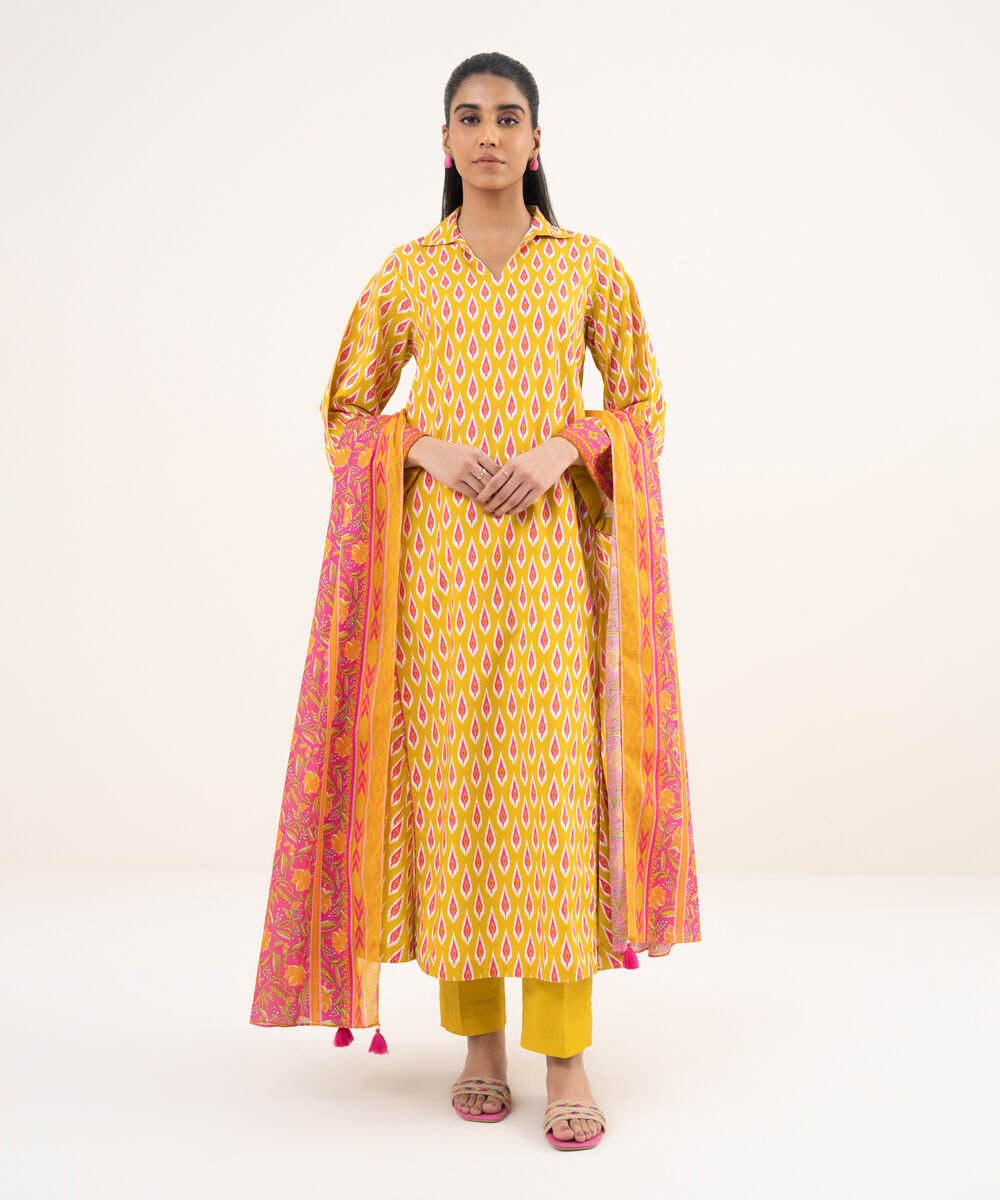 Women's Unstitched Cotton Printed Yellow 3 Piece Suit