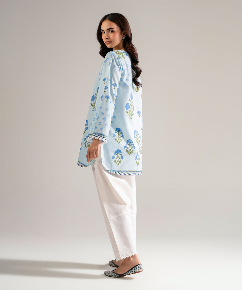 Women's RTW Slub Lawn Printed Ice Blue Straight Shirt