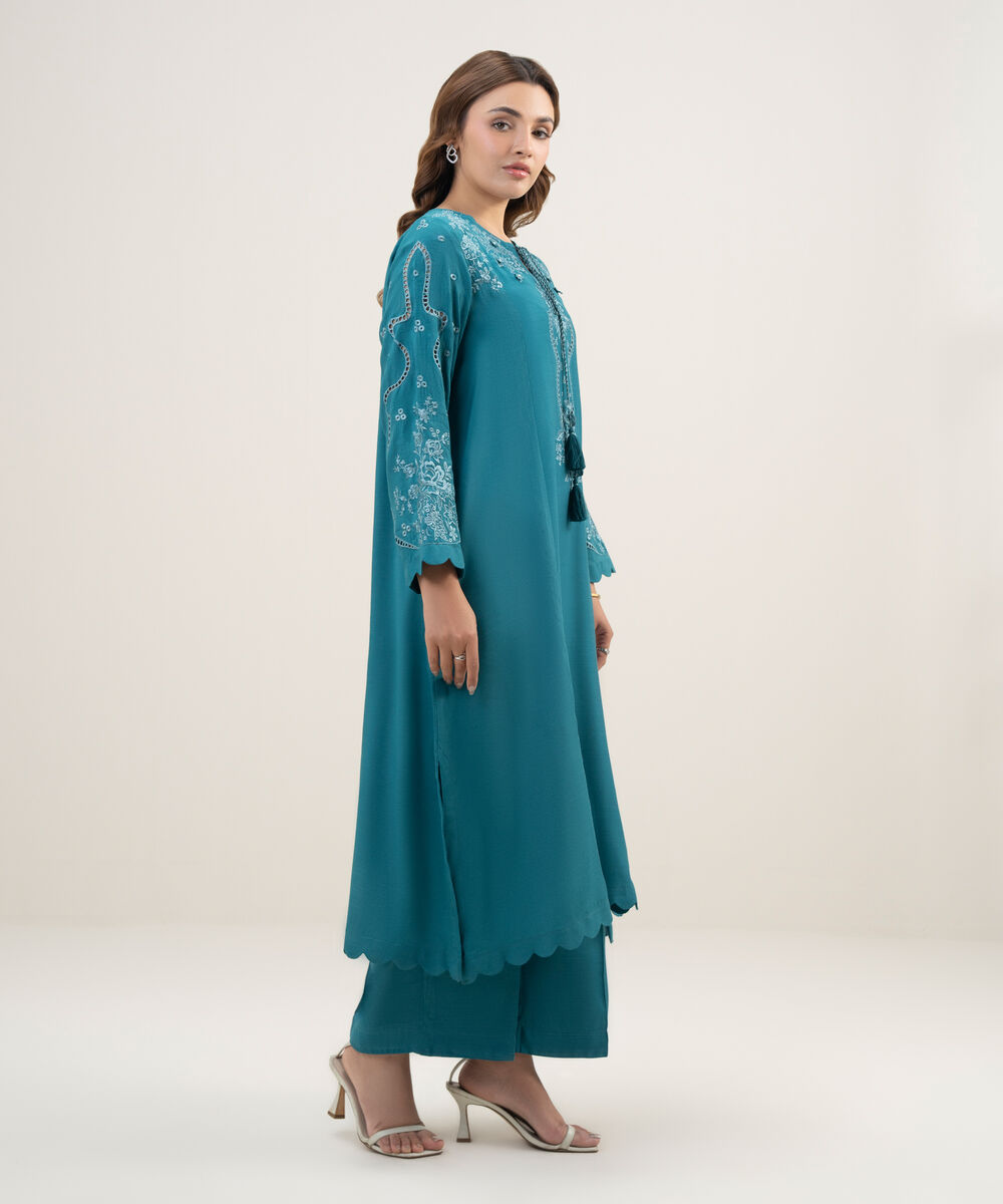Women's RTW Viscose Raw Silk Embroidered Teal 2 Piece Suit