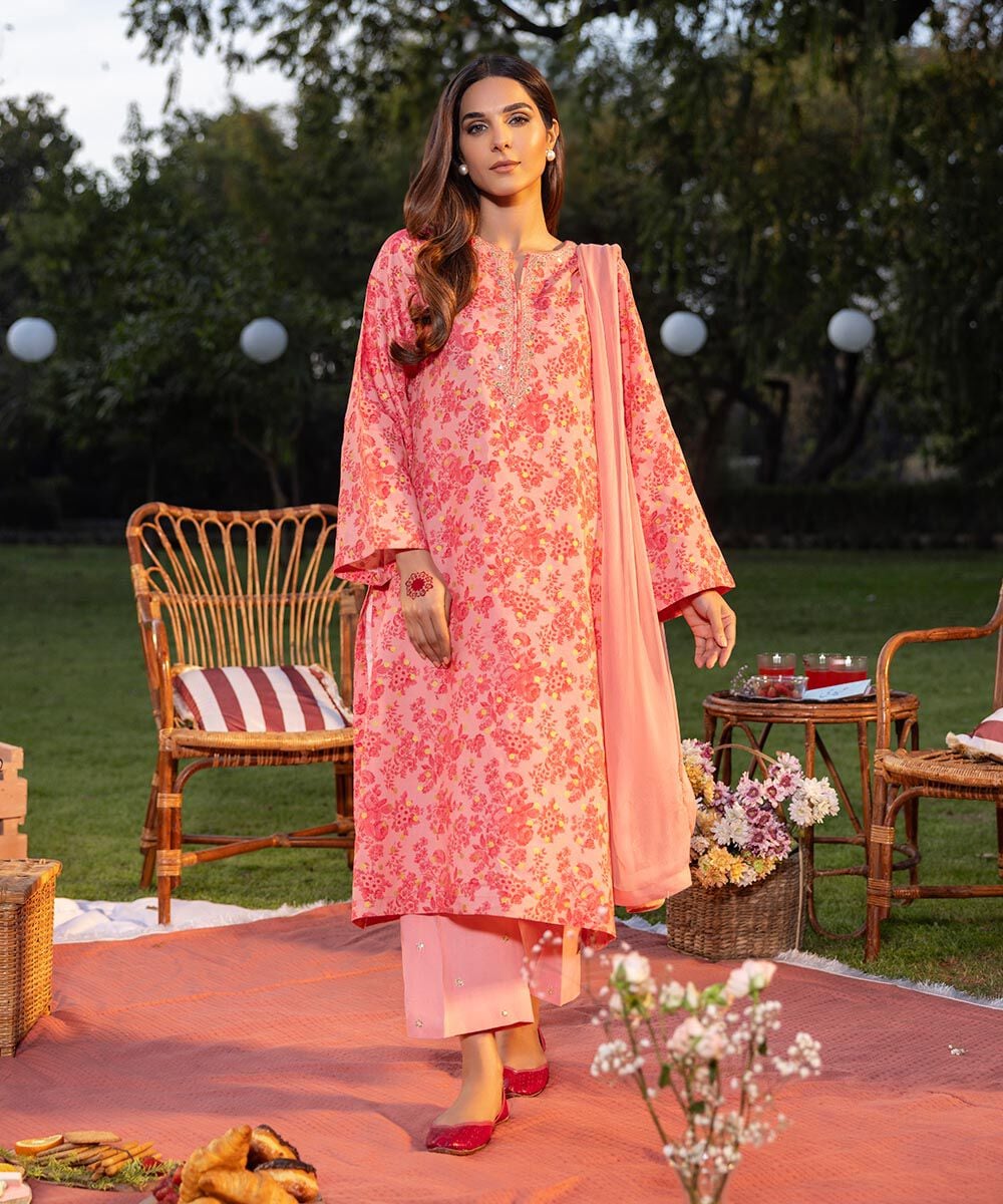 Women Pink Viscose Raw Silk 3 PC Embroidered Suit