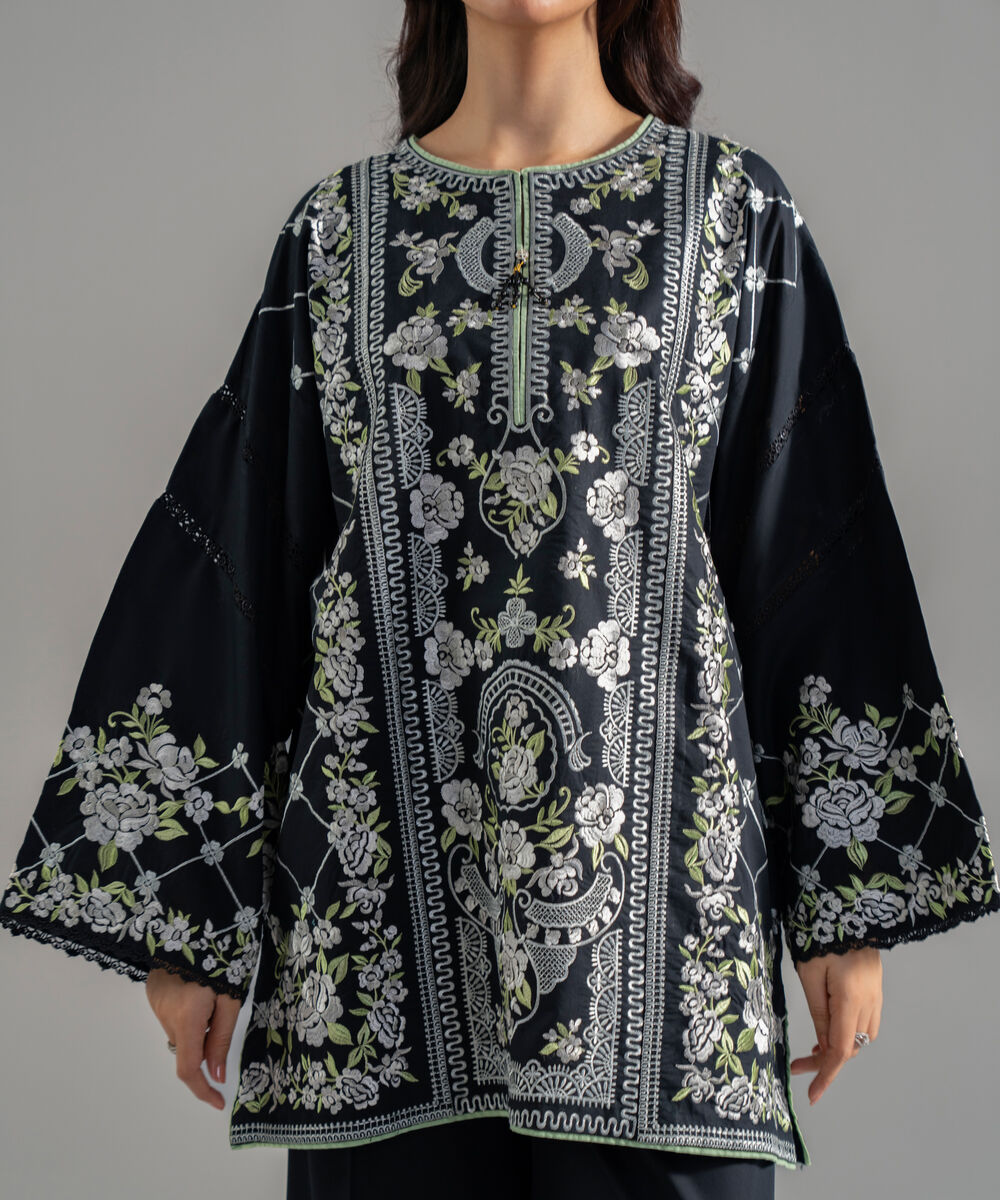 Women's RTW Cambric Solid Embroidered Black 3 Piece Suit