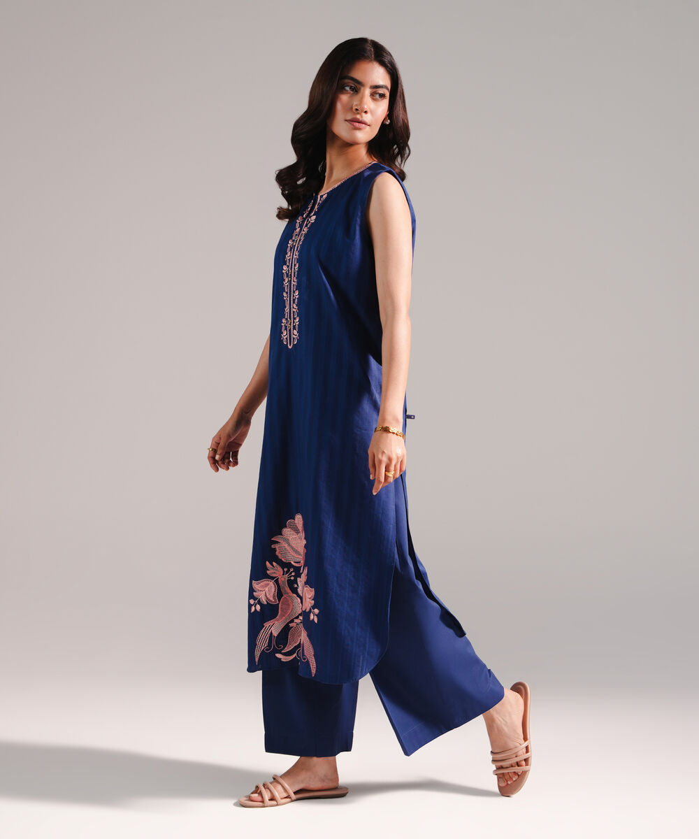 Women's RTW Dobby Embroidered Dark Blue 2 Piece Suit