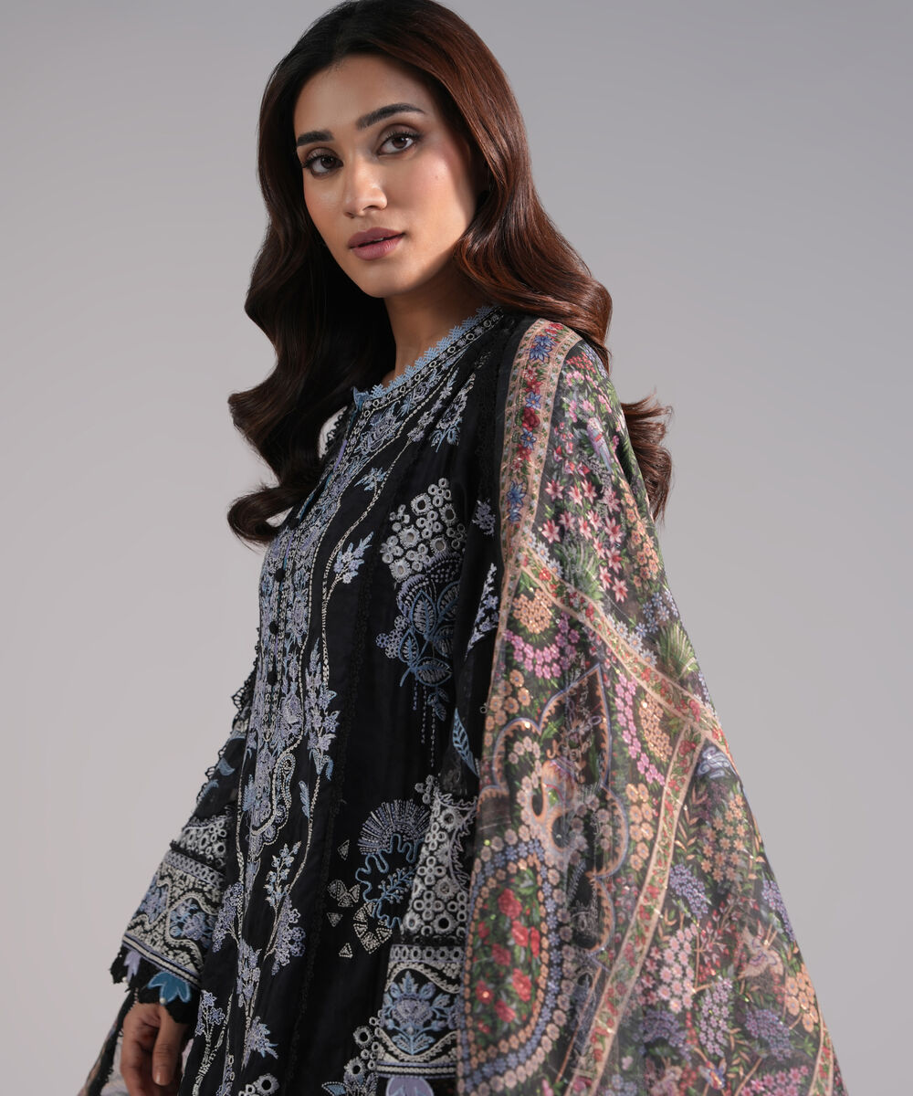 Women's RTW Self Jacquard Embroidered Black 3 Piece Suit