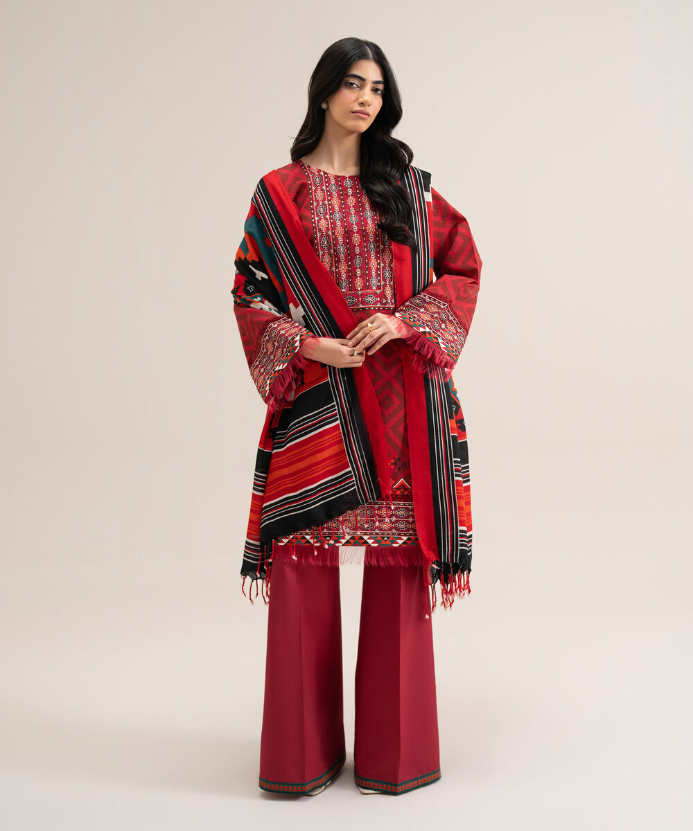 Women's Unstitched Premium Khaddar Printed Maroon 3 Piece Suit