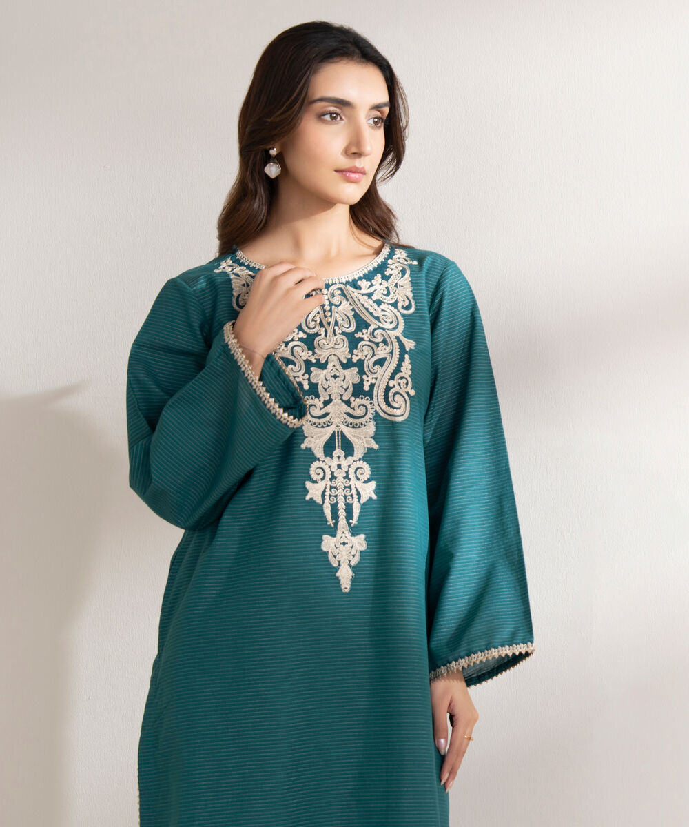 Women's RTW Zari Cotton Embroidered A-Line Teal Shirt