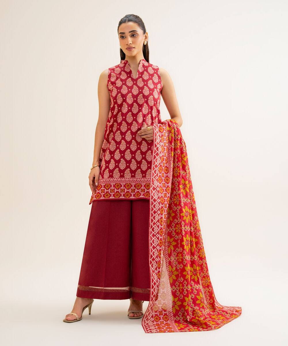 Women's Unstitched Cotton Viscose Printed Red 3 Piece Suit