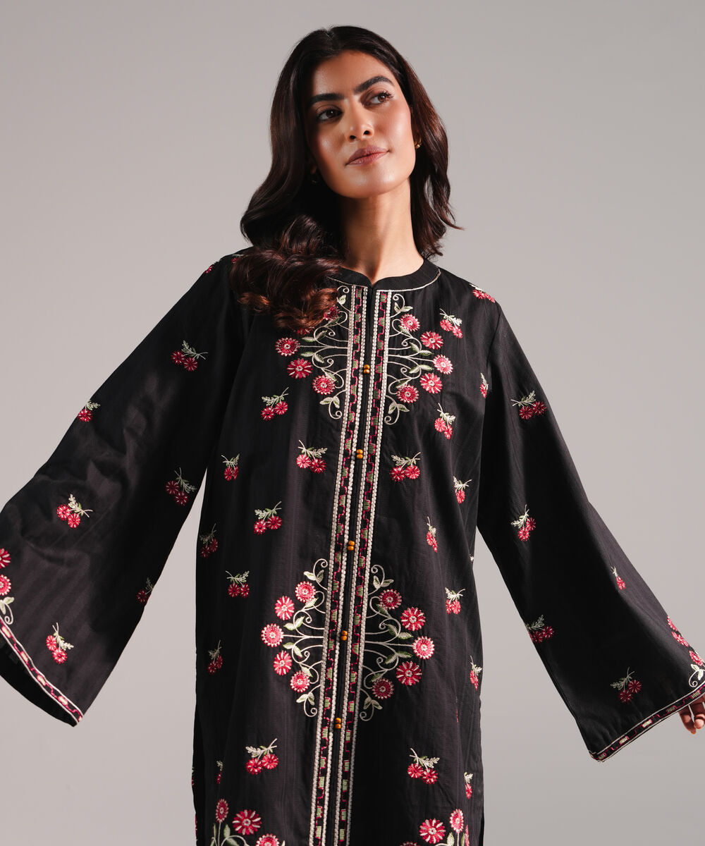 Women's RTW Dobby Embroidered Black 2 Piece Suit