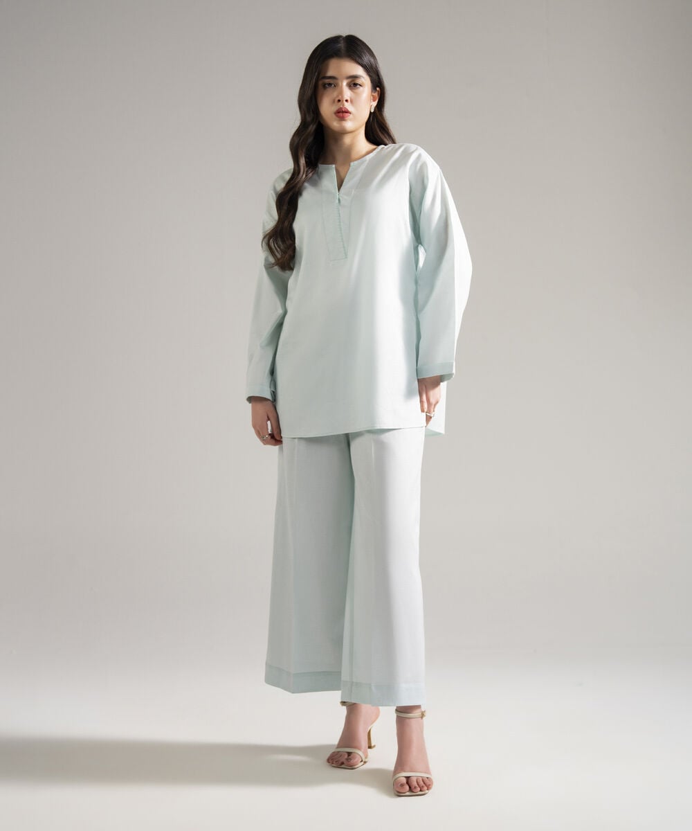 Women's RTW Cotton Linen Solid Blue 2 Piece Suit