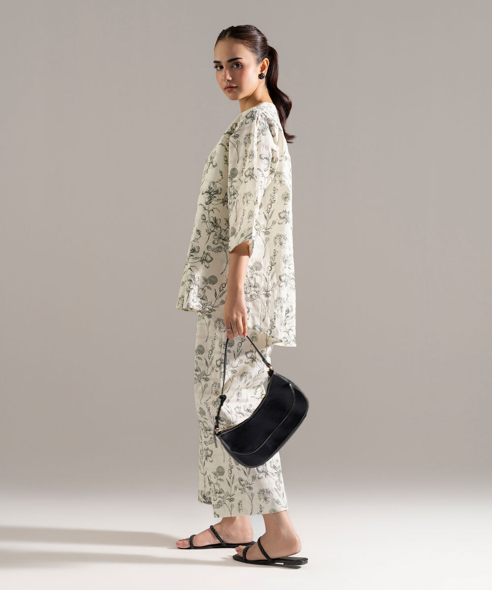 Women's RTW Seersucker Printed Cream White 2 Piece Suit