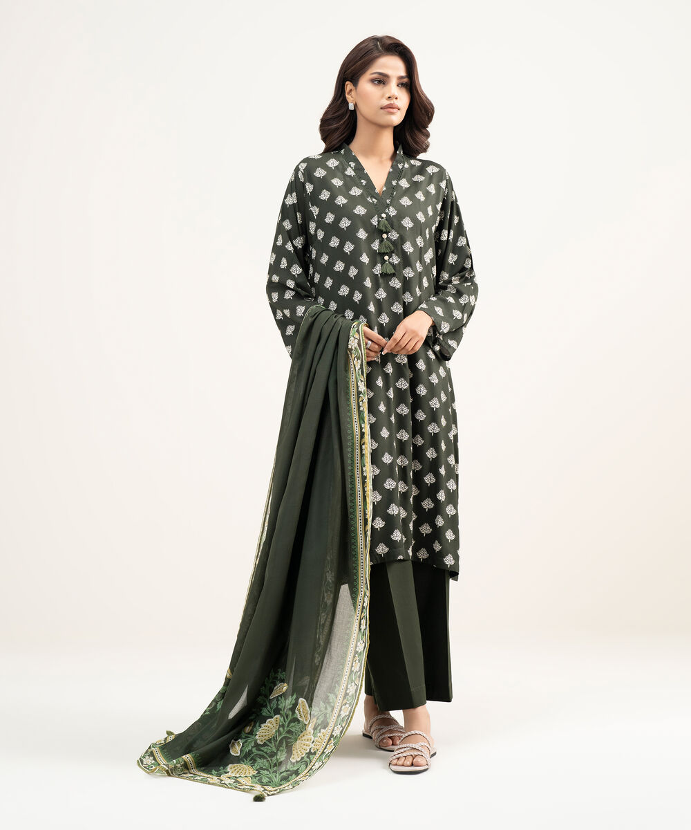Women's RTW Arabic Lawn Printed Dark Green Straight Shirt