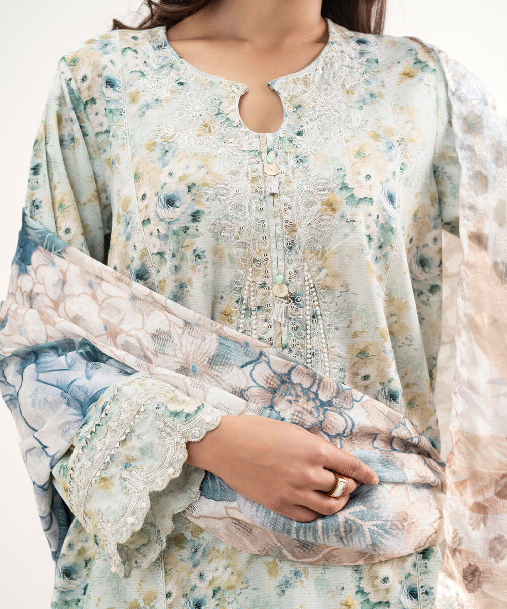 Women's RTW Zari Lawn Embroidered Green 3 Piece Suit