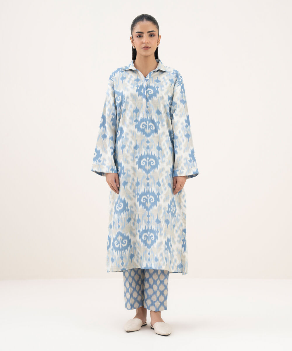 Women's RTW Khaddar Printed Drop Shoulder Grey Shirt