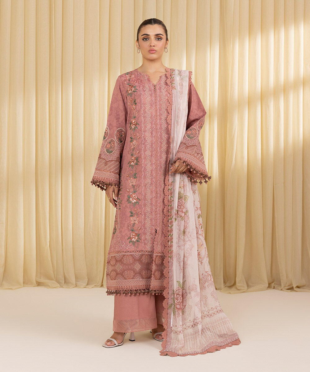 Unstitched Women's Pink Jacquard Embroidered 3 Piece Suit