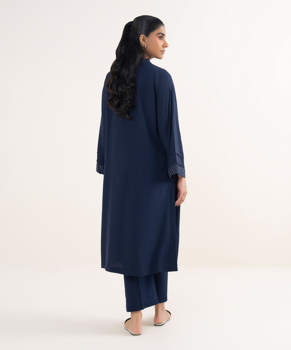 Women's RTW Textured Arabic Lawn Solid Blue Drop Shoulder Shirt