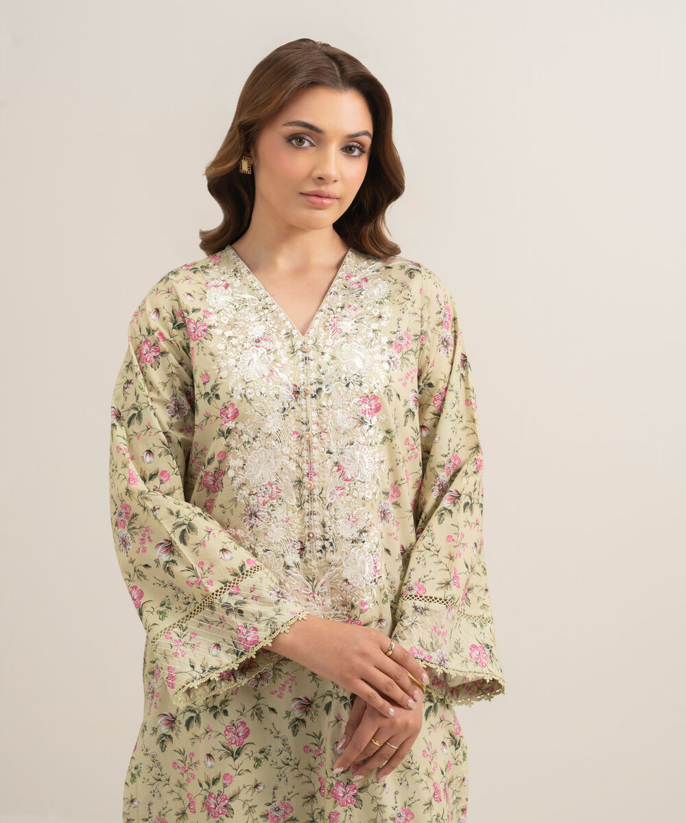 Women's RTW Lawn Embroidered Sand Green A-Line Shirt