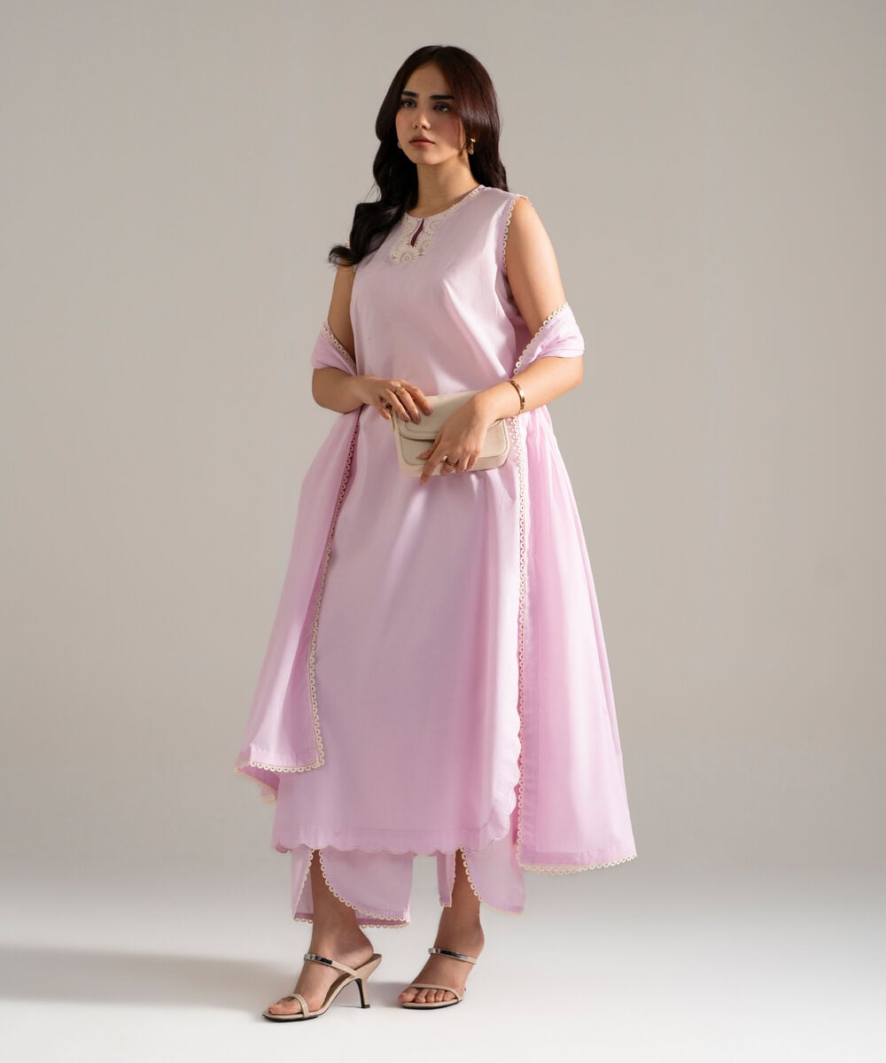 Women's RTW Cambric Printed Pink 3 Piece Suit