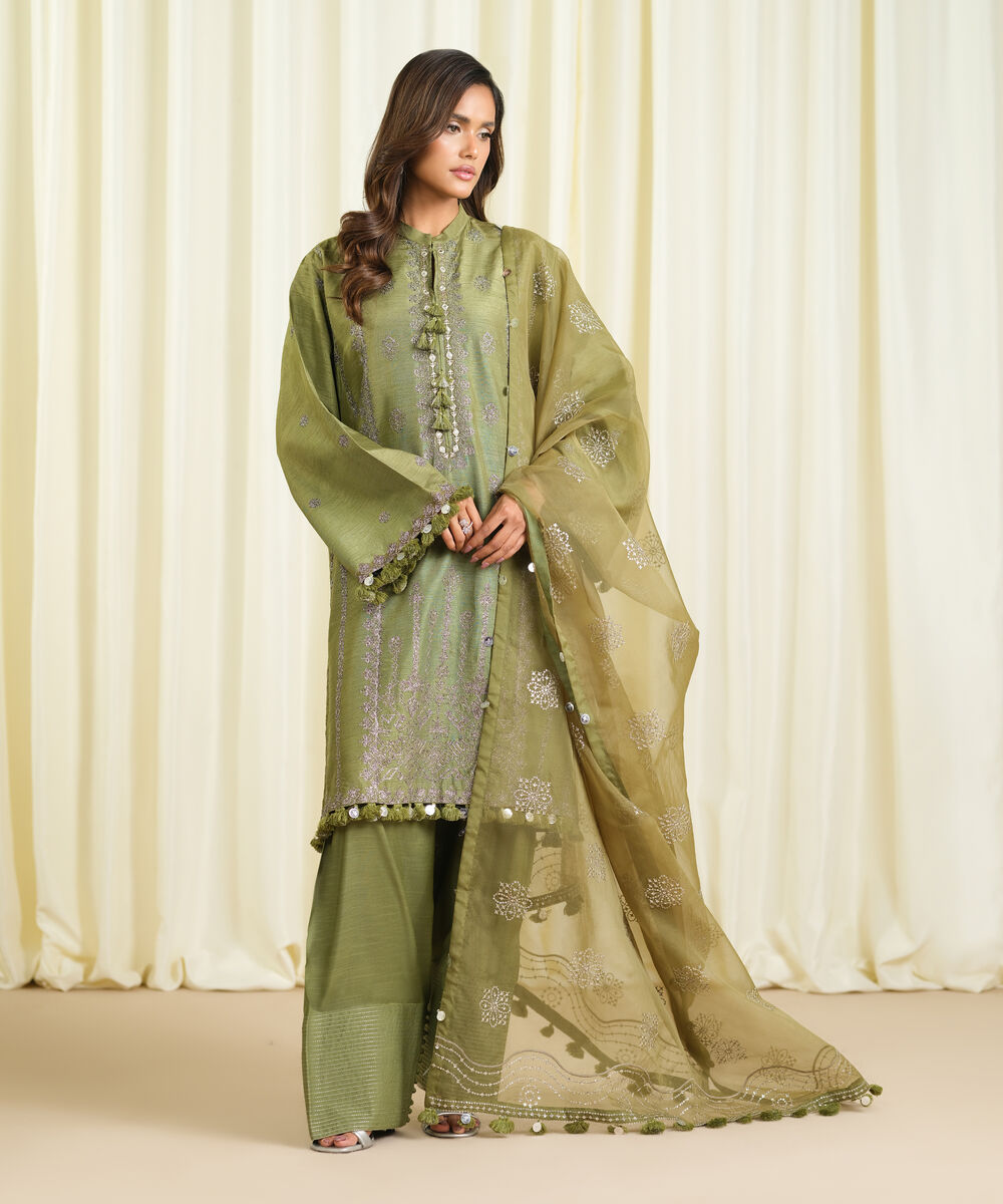 Women's Unstitched Raw Silk Embroidered Green 3 Piece Suit