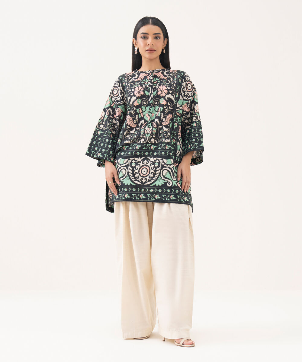 Women's RTW Light Khaddar Printed Black Boxy Shirt