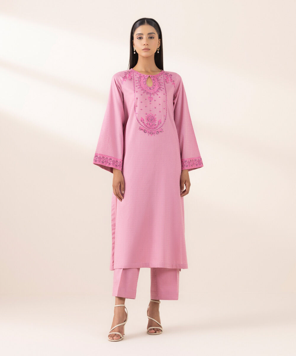 Women's Pret Dobby Pink Embroidered A-Line Shirt