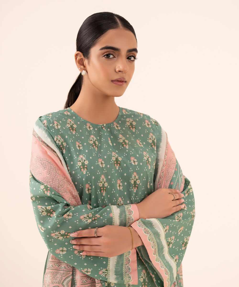 Women's Unstitched Cotton Printed Pink Three Piece Suit