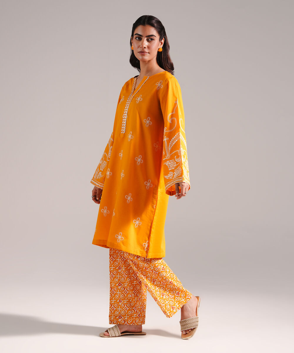 Women's RTW Crosshatch Embroidered Orange Straight Shirt