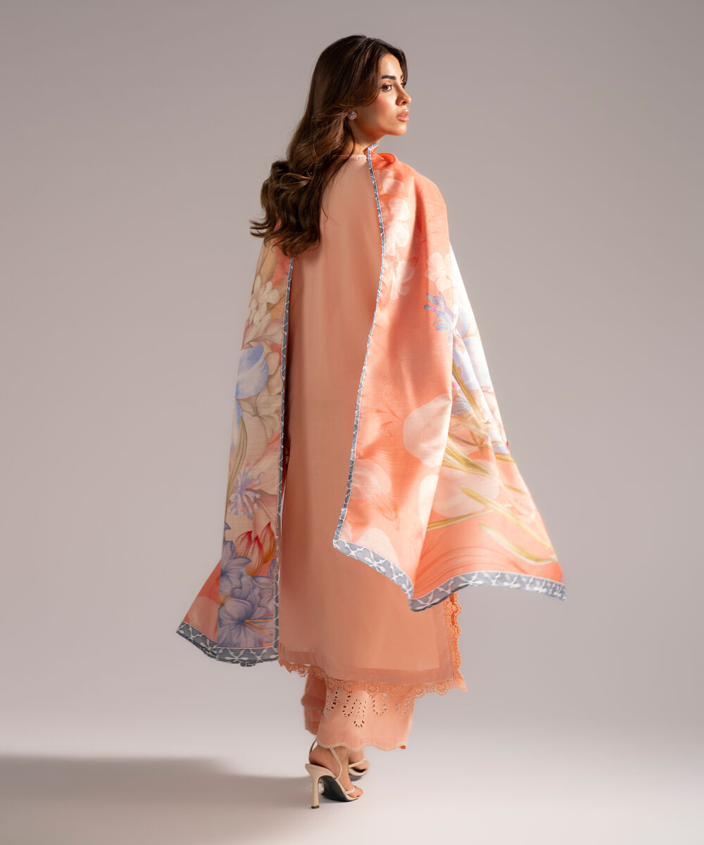 Women's RTW Slub Lawn Embroidered Pink 3 Piece Suit