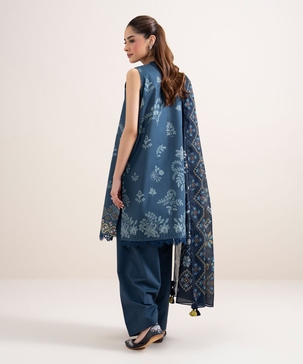 Women's Unstitched Lawn Embroidered Blue 3 Piece Suit