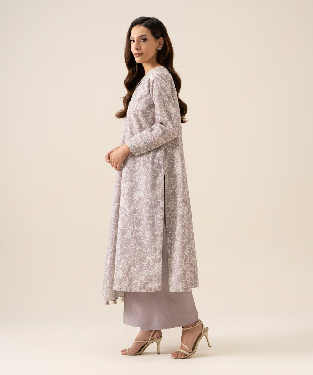 Women's Unstitched Light Khaddar Printed Light Grey 3 Piece Suit
