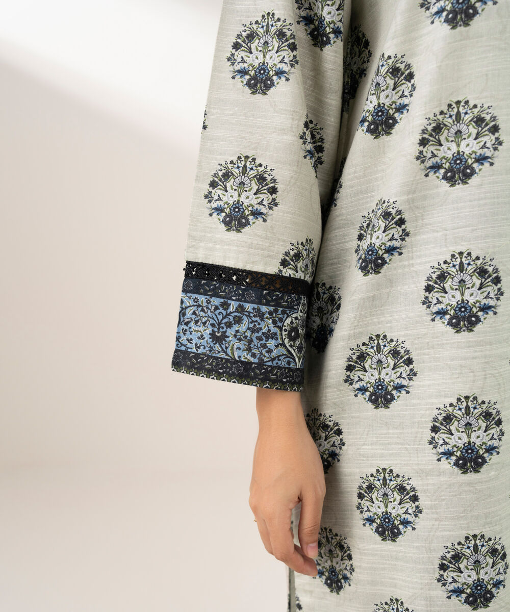 Women's RTW Khaddar Printed Straight Grey Shirt