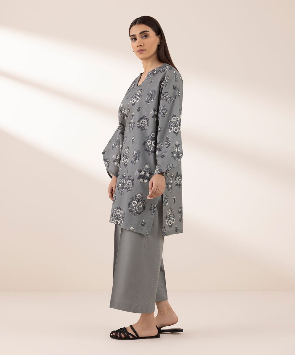 Women's RTW Dobby Grey Printed Boxy Shirt